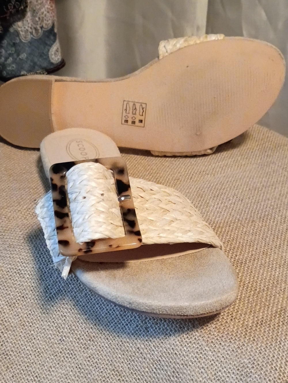 Woven White Slide Mules with Tortoiseshell Buckle